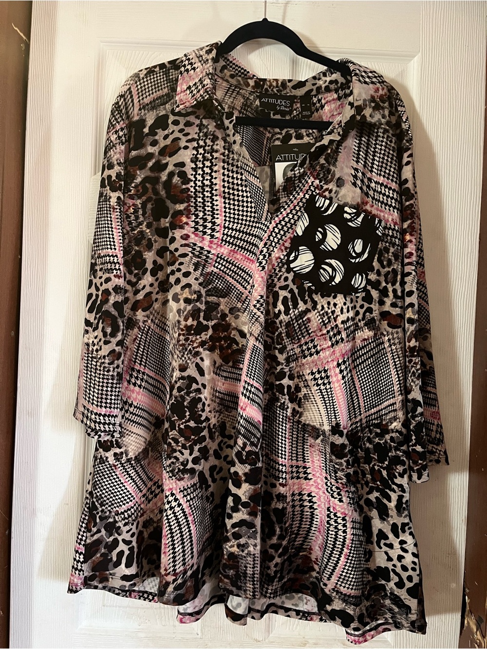 NWT Attitudes by Renee Multi-Print V-Neck Blouse Tunic XL Leopard Houndstooth